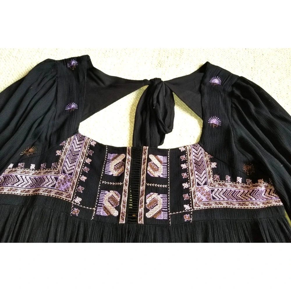 Womens Dress-FREE PEOPLE-black ' Rhiannon Embroidered Mini' gauzy BOHO whimsy-M